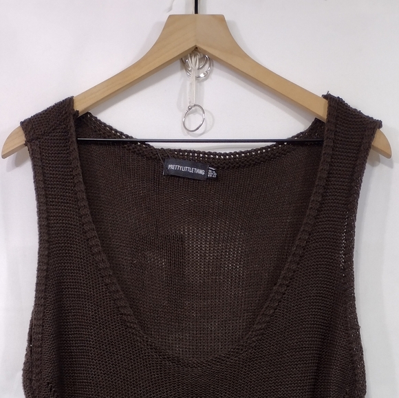 NWT PrettyLittleThing Crochet Plunged Maxi Dress Womens 10 Brown Boho Retro 90s - Picture 3 of 10